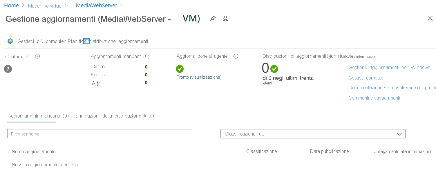 Screenshot della pagina Gestione aggiornamenti che mostra lo stato degli aggiornamenti per la macchina virtuale.