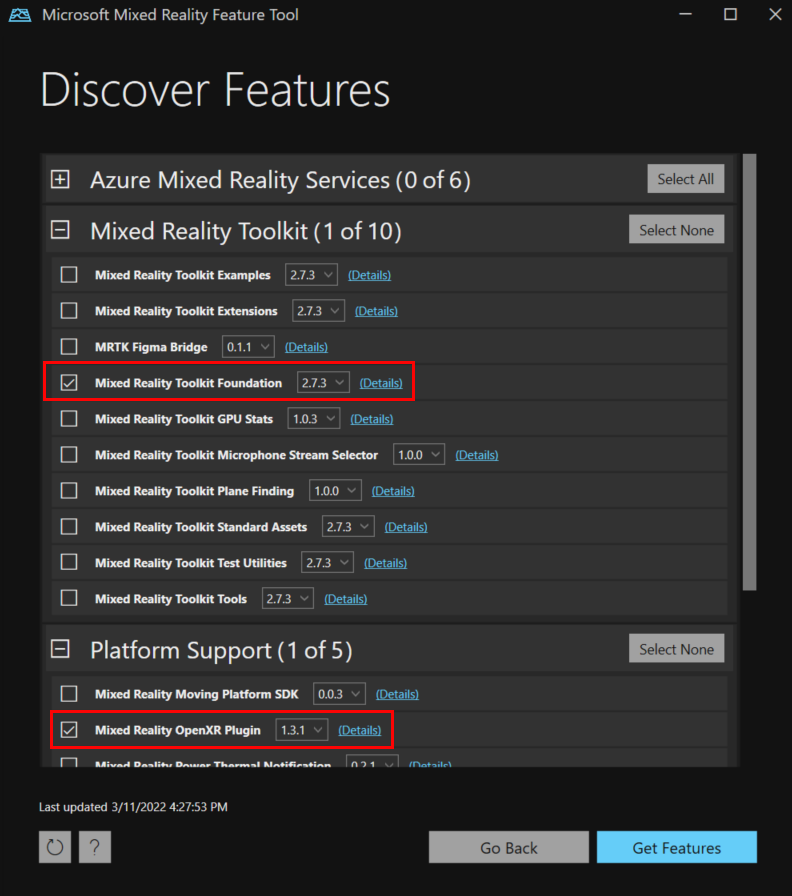 Screenshot of package selections in the Mixed Reality Feature Tool.