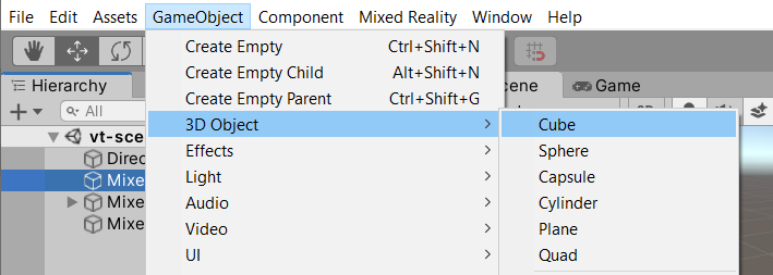 Screenshot of menu commands for adding the cube.