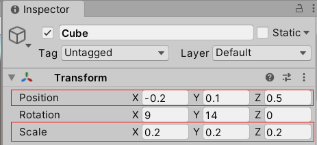 Screenshot of the cube's transform component after updates.