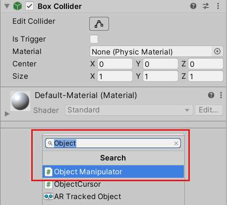 Screenshot of adding the Object Manipulator script.