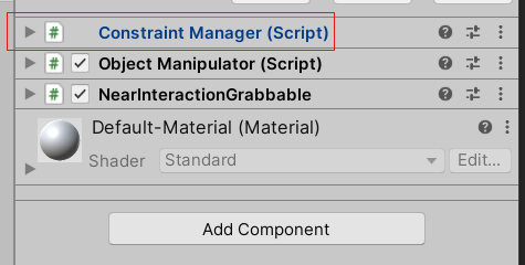 Screenshot of the Constraint Manager script added to the cube.