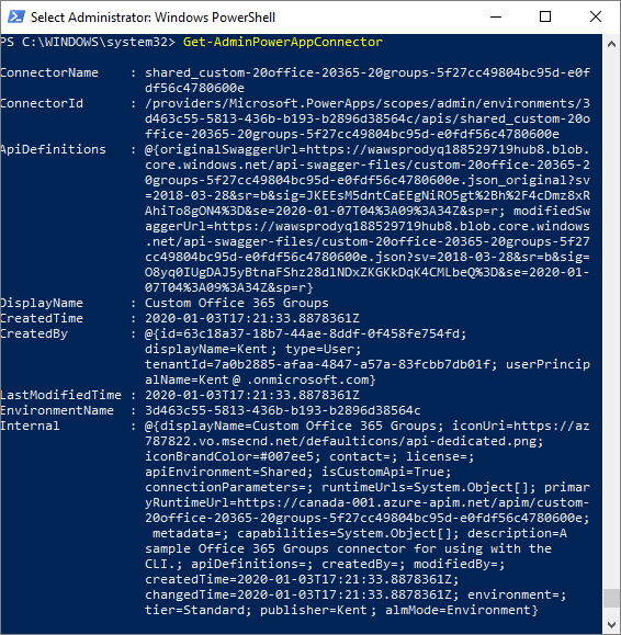 Screenshot di Windows PowerShell che mostra i connettori personalizzati del tenant.