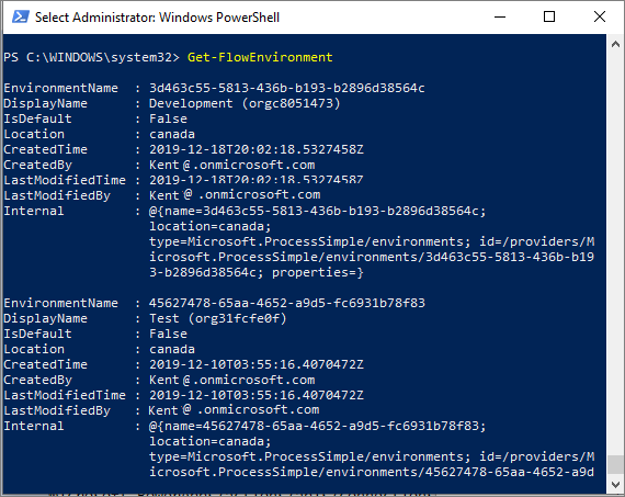 Screenshot di Windows PowerShell che mostra gli ambienti del tenant.