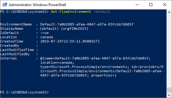 Screenshot di Windows PowerShell che mostra l'ambiente predefinito.