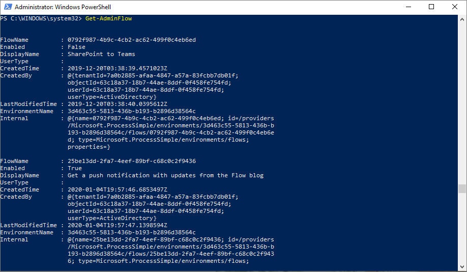 Screenshot di Windows PowerShell che mostra l'elenco di tutti i flussi.