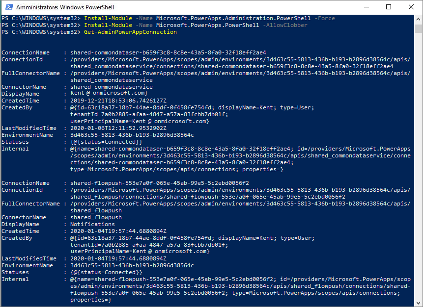 Screenshot di Windows PowerShell che mostra i dati restituiti.