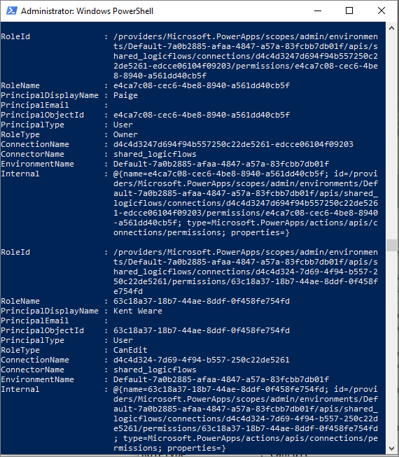 Screenshot di Windows PowerShell che mostra i proprietari delle assegnazioni di ruolo.