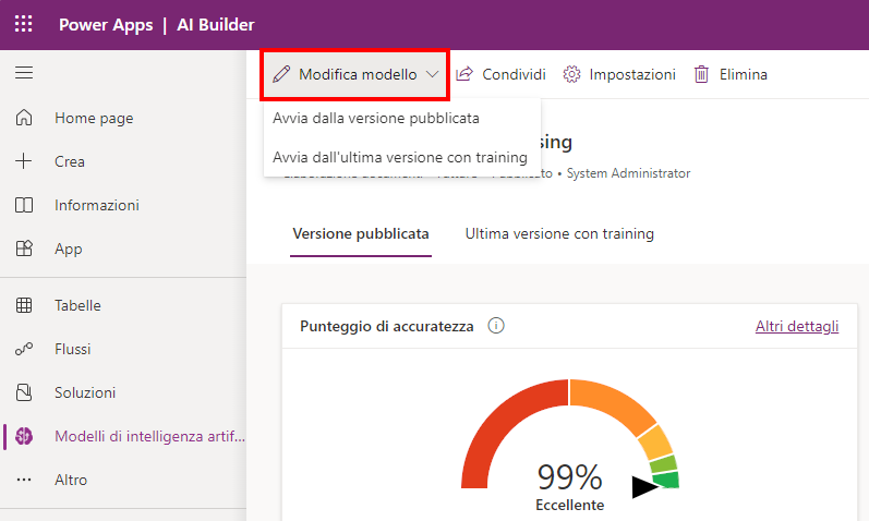 Screenshot del menu Modifica modello espanso che mostra le opzioni Avvia dalla versione pubblicata e Avvia dall'ultima versione con training.