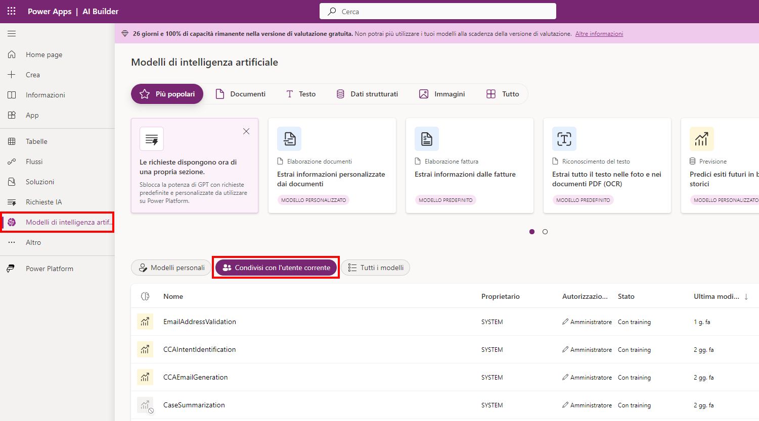 Screenshot della pagina Modelli di intelligenza artificiale con la scheda Condivisi con l'utente corrente evidenziata.