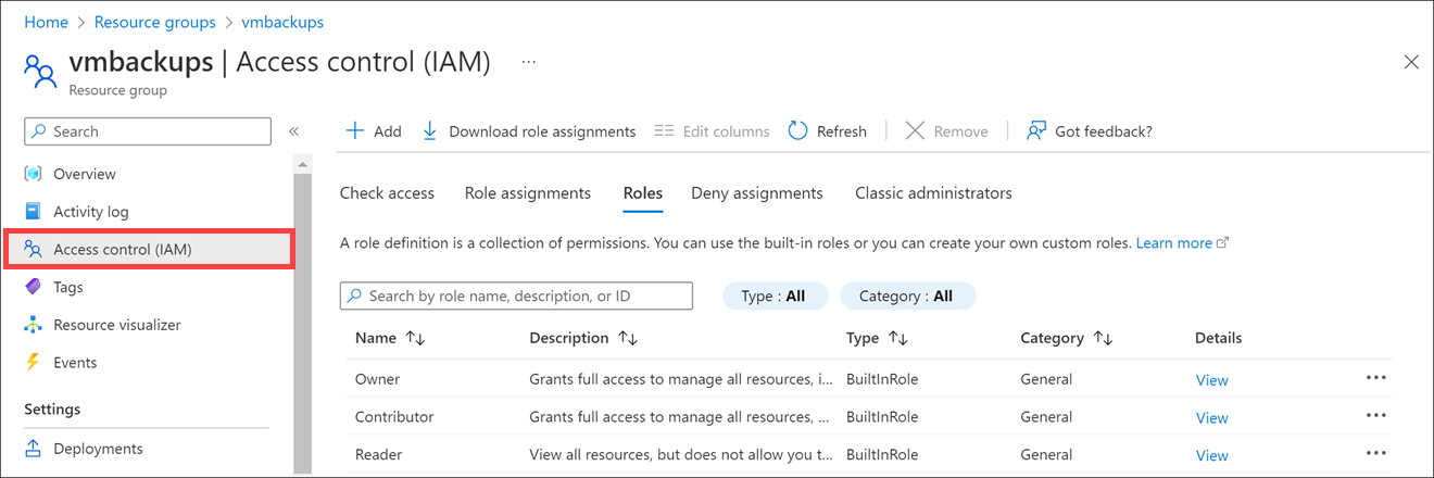 Screenshot showing the roles in the Azure portal.