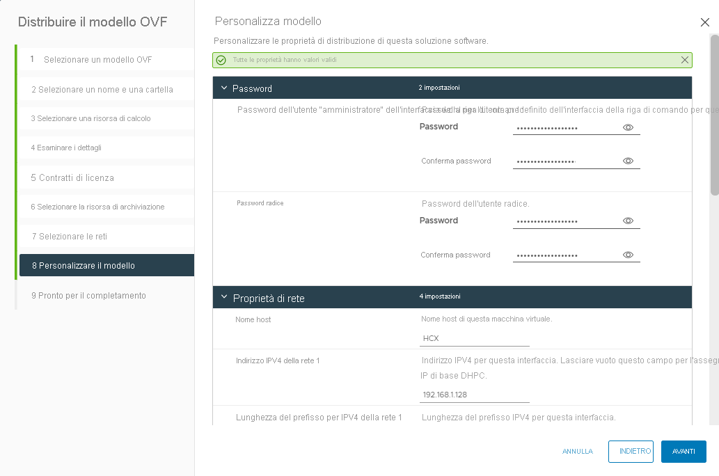 Screenshot of customizing the OVA template file for the VMware HCX Connector deployment on-premises.