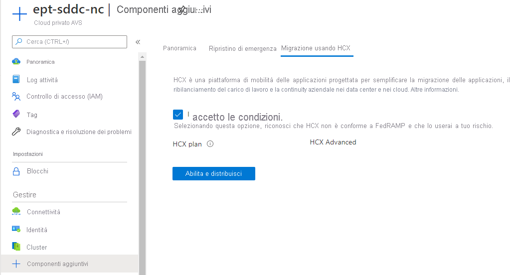 Screenshot displaying how to enable the VMware HCX add-on within the Azure portal.