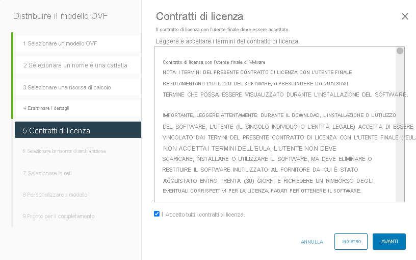 Screenshot of accepting all license agreements during VMware HCX Connector deployment on-premises.