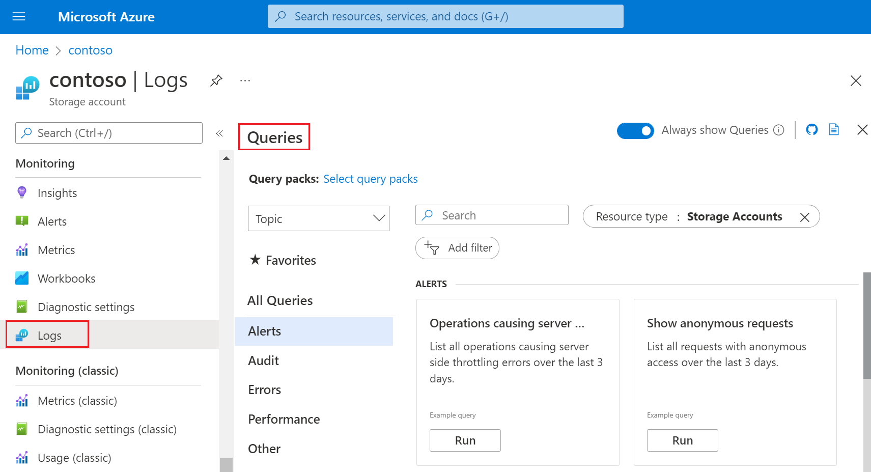 Screenshot of the Query pane in the Azure portal.