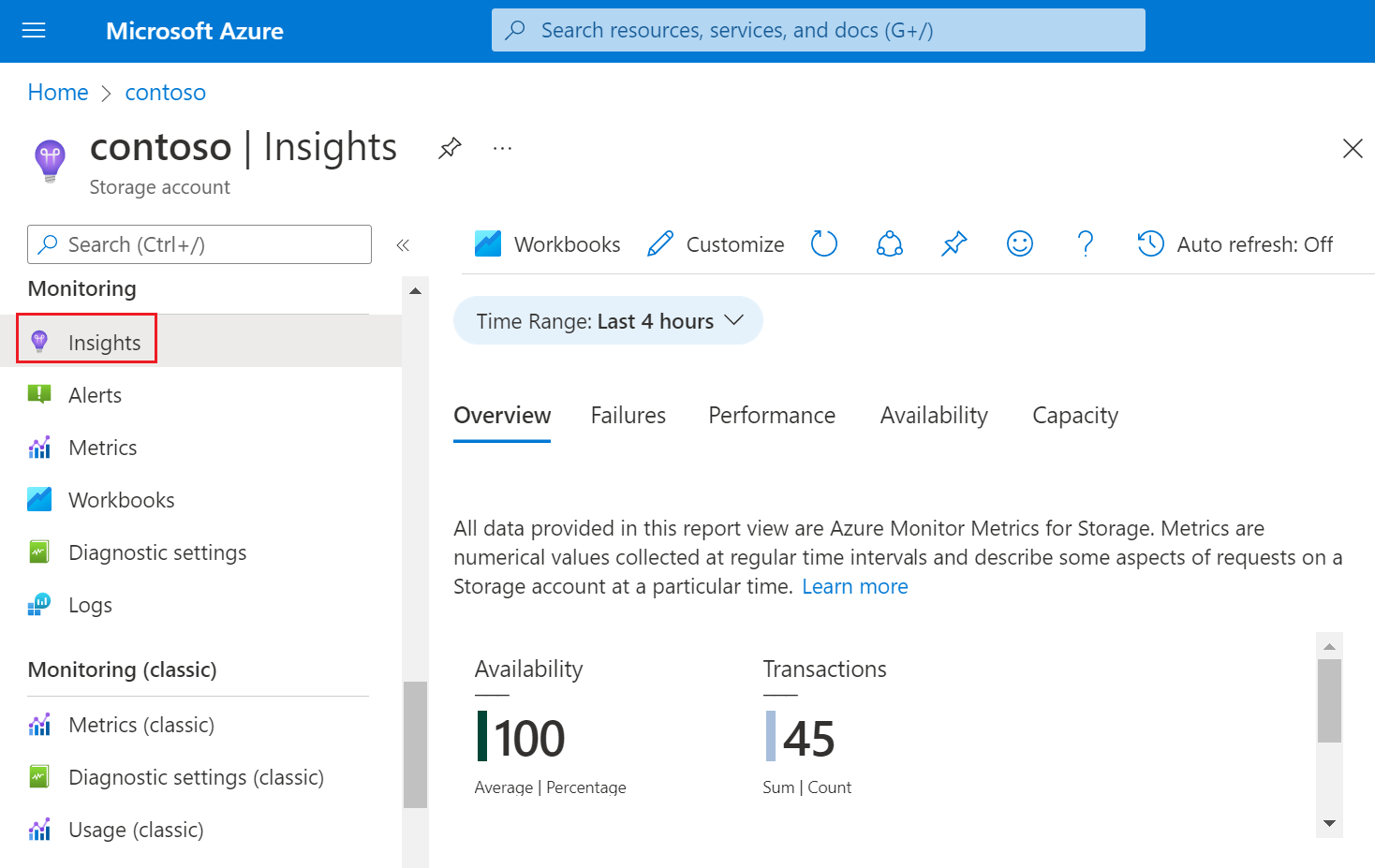 Screenshot of storage Insights in the Azure portal.