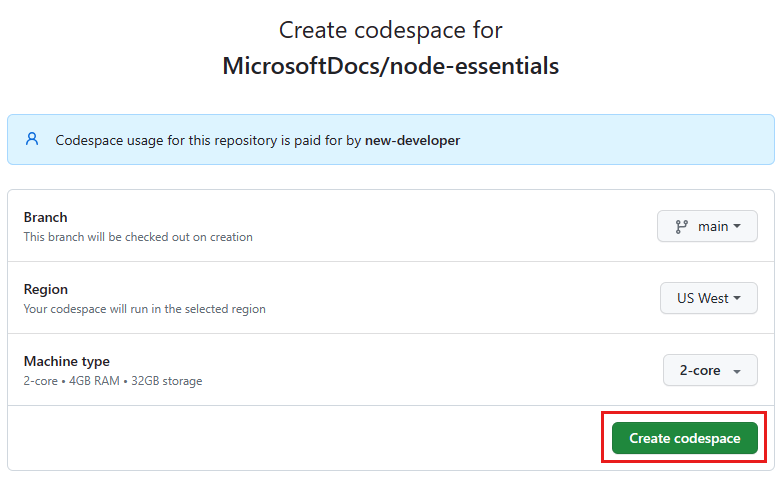 Screenshot della schermata di conferma prima di creare un nuovo codespace.