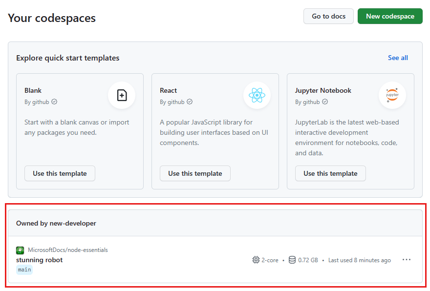 Screenshot di tutti i codespace in esecuzione, inclusi il loro stato e i loro modelli.