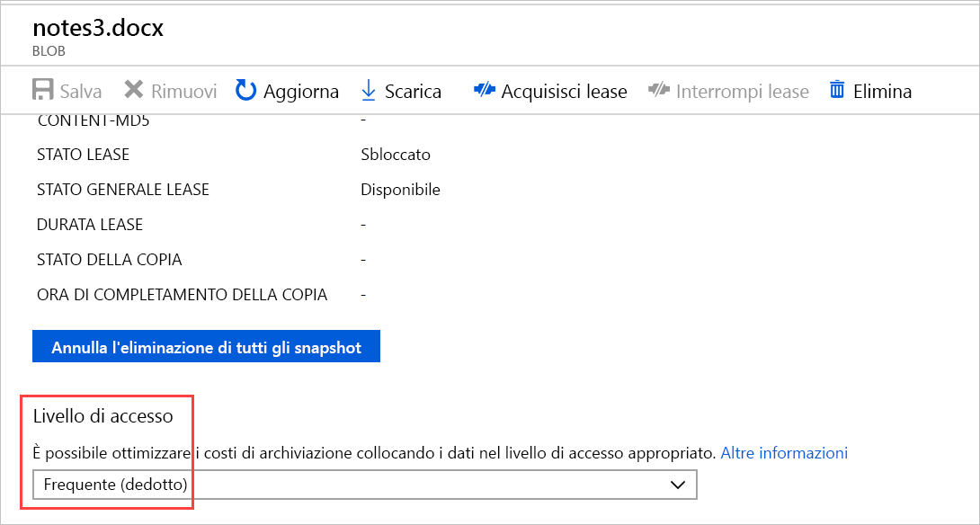 Screenshot del portale di Azure che mostra il livello di accesso del contenitore BLOB evidenziato, impostato su Frequente.