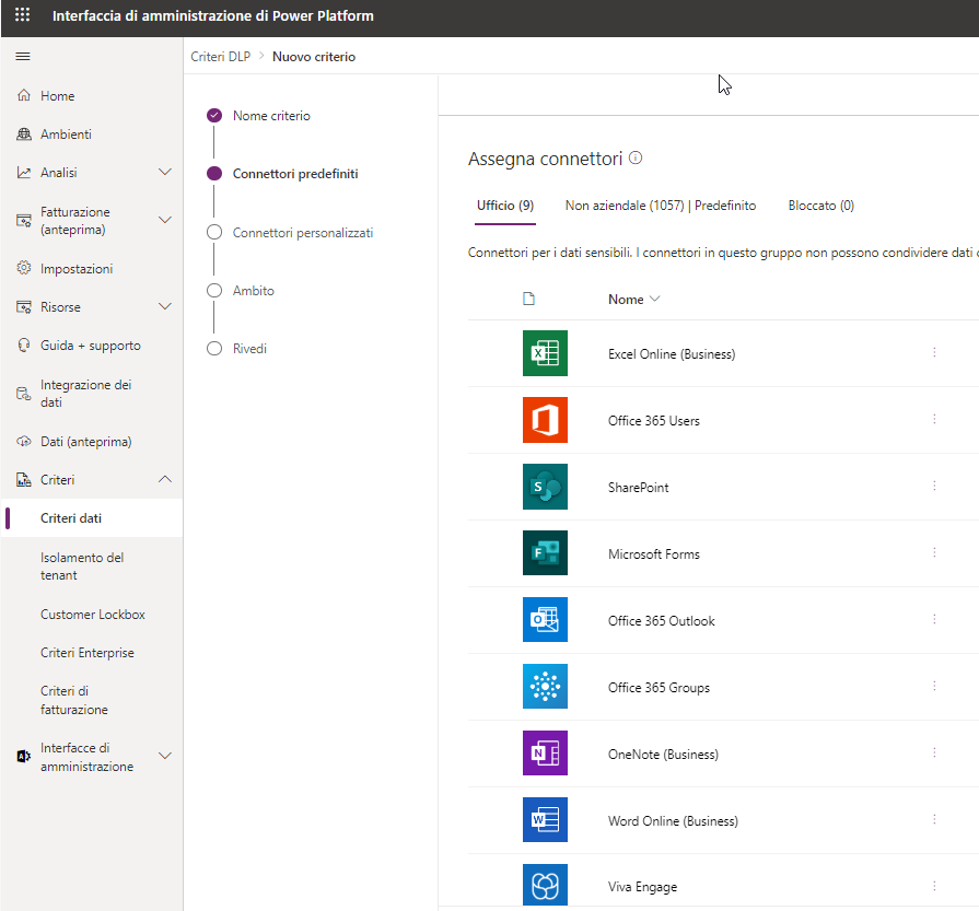 Screenshot dell'interfaccia di amministrazione di Microsoft Power Platform con i connettori aggiunti.