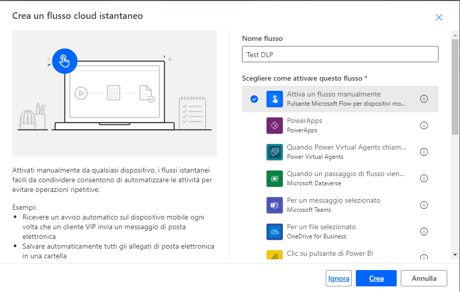 Screenshot della finestra di dialogo Crea un flusso istantaneo.