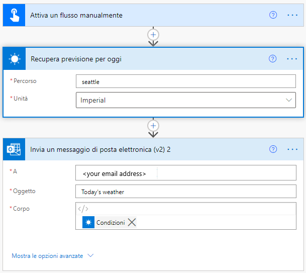 Screenshot delle azioni Recupera previsione per oggi e Invia un messaggio e-mail.