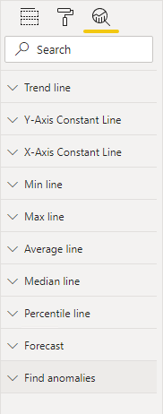 L'immagine mostra il riquadro Analisi. Le sezioni includono Linea di tendenza e molti altri tipi di linea.