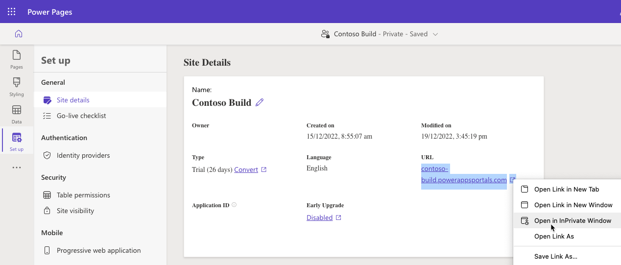 Screenshot dell'area di lavoro Configura con i dettagli del sito selezionati. Viene visualizzato il menu di scelta rapida per l'URL del sito con la voce di menu Apri nella finestra InPrivate evidenziata.