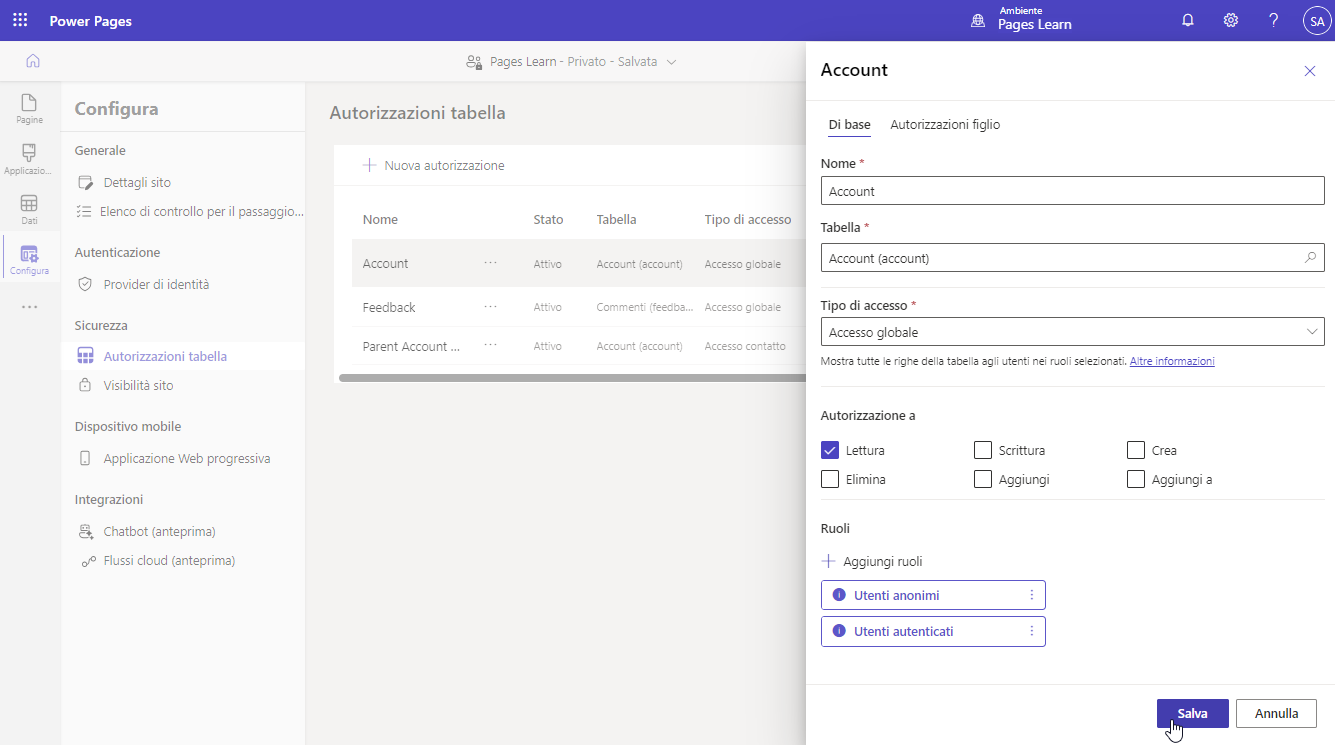 Screenshot che mostra la gestione delle autorizzazioni di tabella nello studio di progettazione di Power Pages.