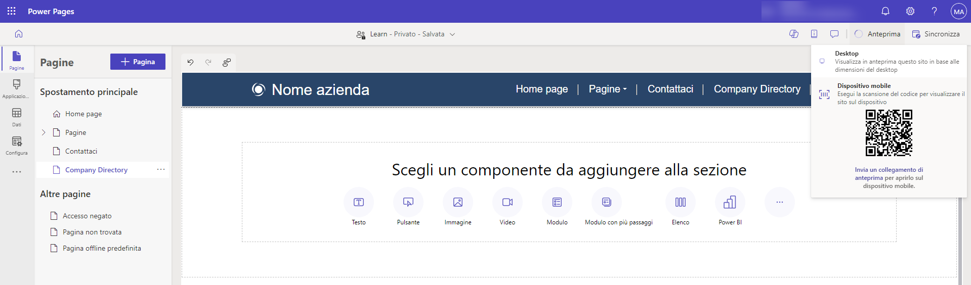 Screenshot del comando Anteprima pagina nella finestra di progettazione di Power Pages.