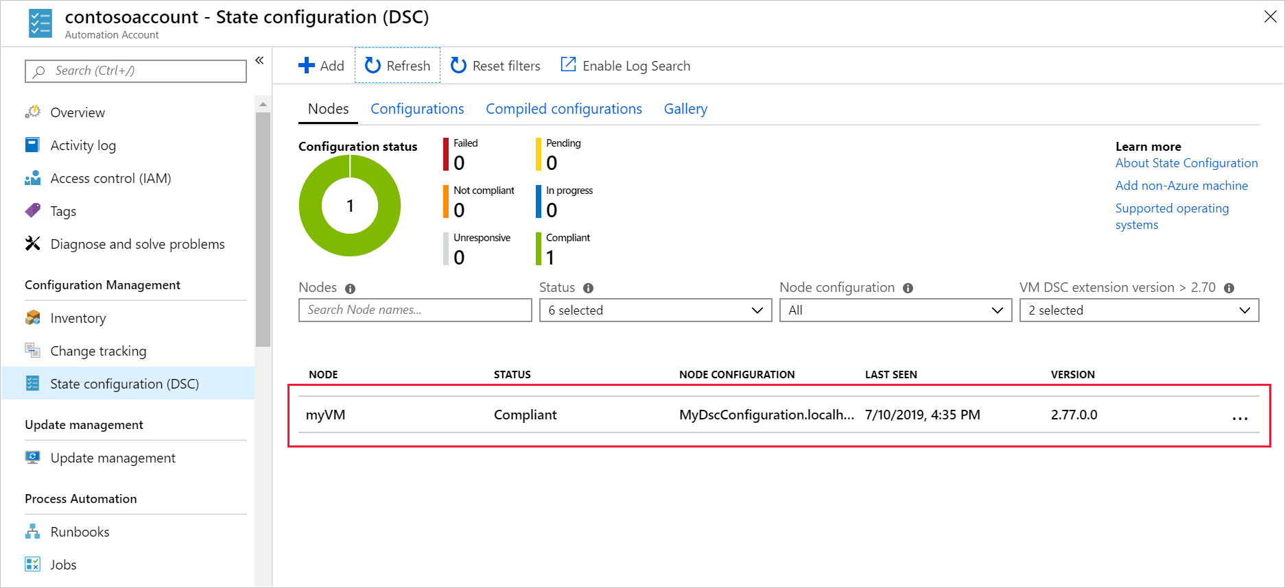 Screenshot del portale di Azure con il riquadro Nodi con myVM registrata.