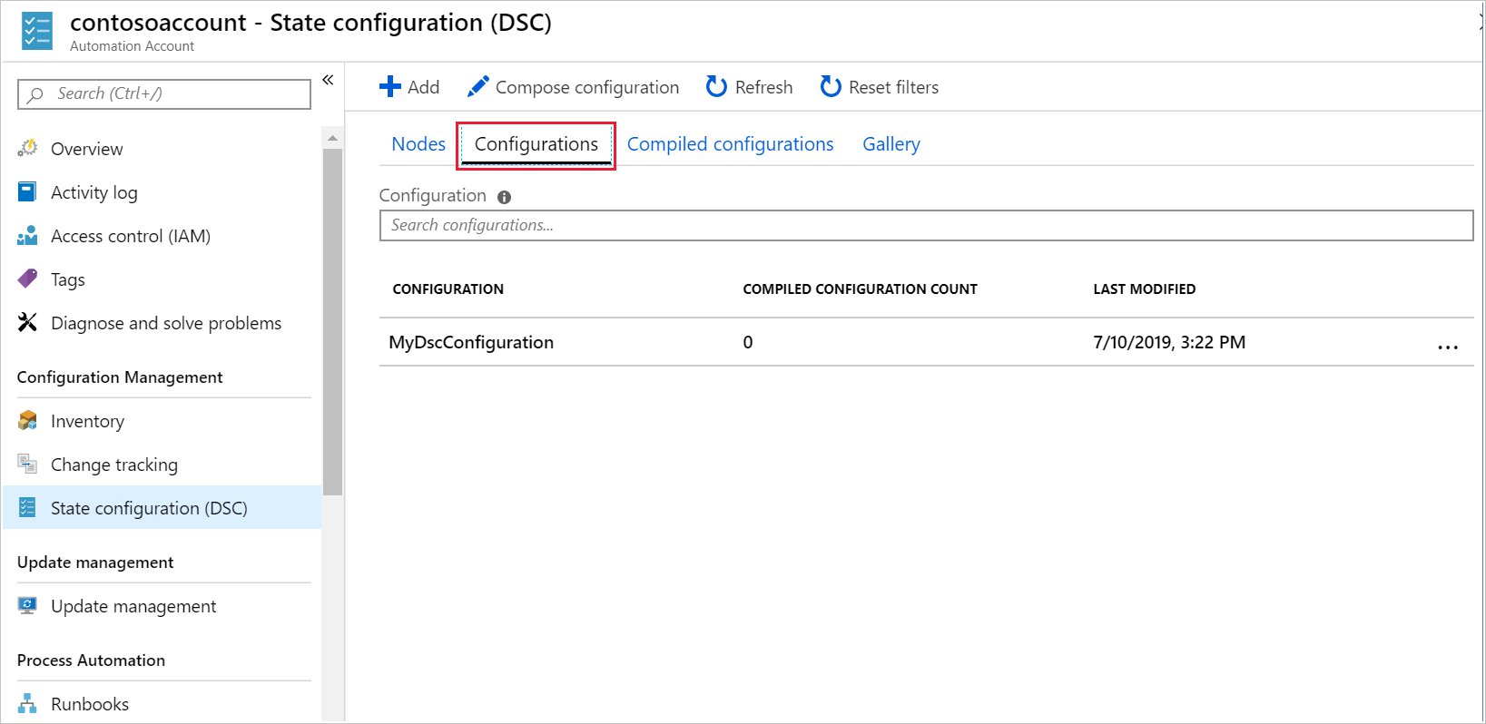 Screenshot del portale di Azure, che illustra le configurazioni di stato disponibili nel riquadro Configurazione stato (DSC).