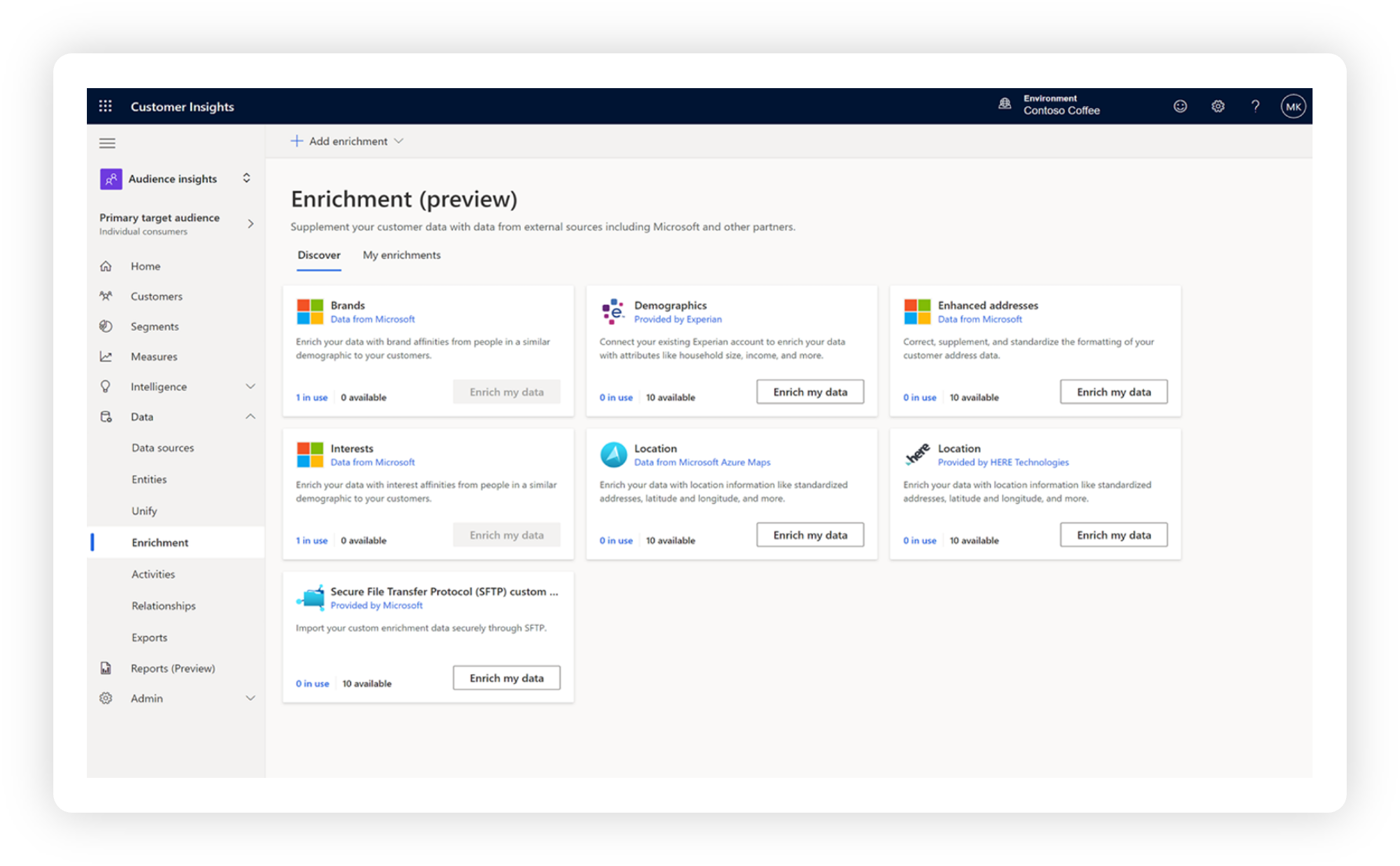 Screenshot of Customer Insights showing the Enrichment page.