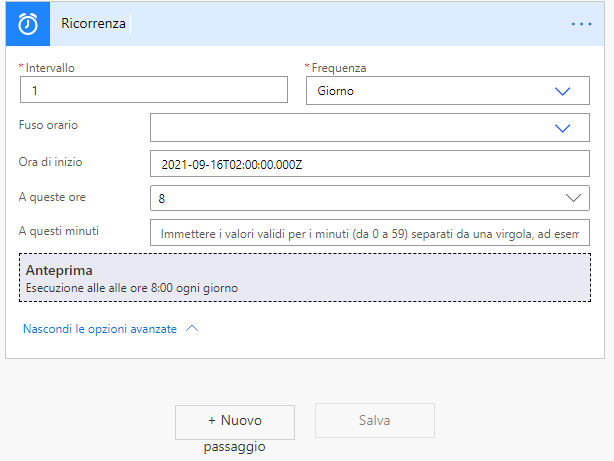 Impostazioni di Ricorrenza con Intervallo impostato su 1 e Frequenza impostata su Giorno. L'anteprima viene eseguita ogni giorno alle 8:00.