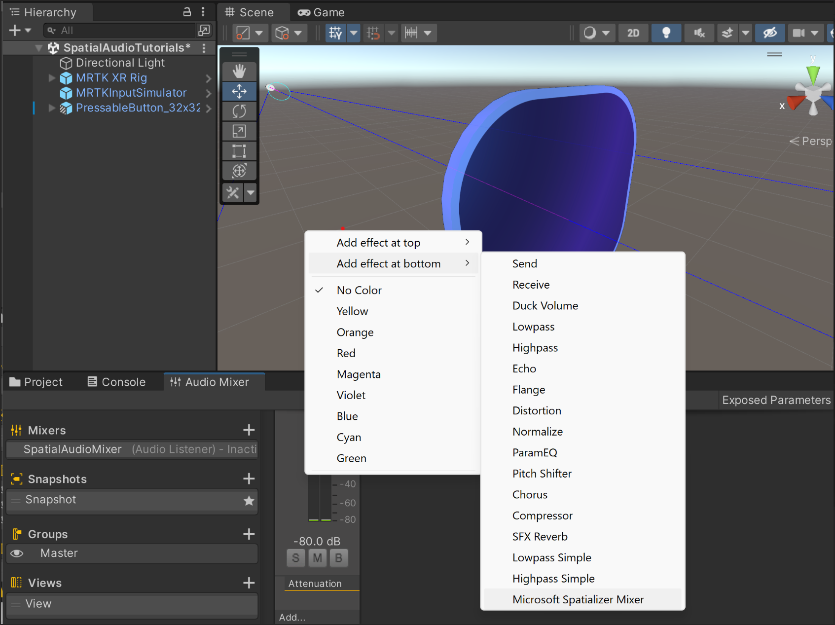 Screenshot of the Mixer panel: adding effect to first mixer.