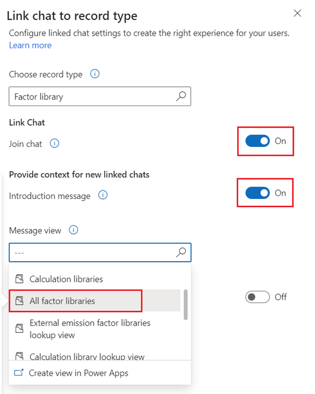 Screenshot of the Link chat to record type form with Join chat and Introduction message turned on and Factor libraries selected for Message view.