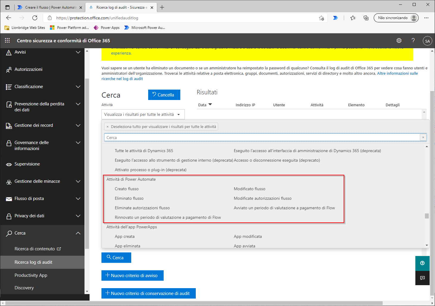 Screenshot di Sicurezza e conformità di Office 365 che mostra la scheda Ricerca log di audit con le attività di Power Automate.