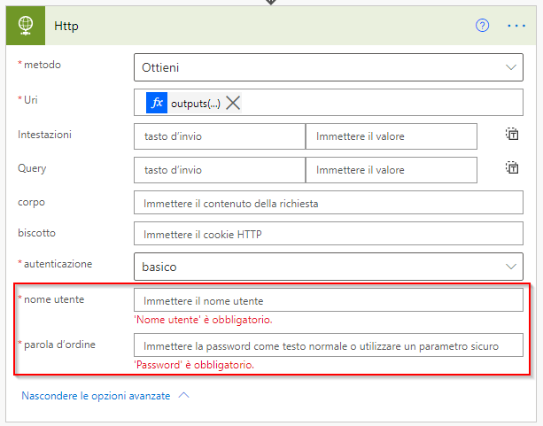 Screenshot della finestra di dialogo HTTP con i campi Nome utente e Password evidenziati.