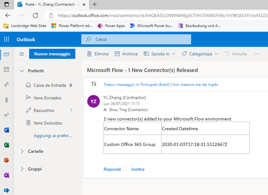 Screenshot di Outlook che mostra il messaggio e-mail Avviso log di controllo di Office 365.