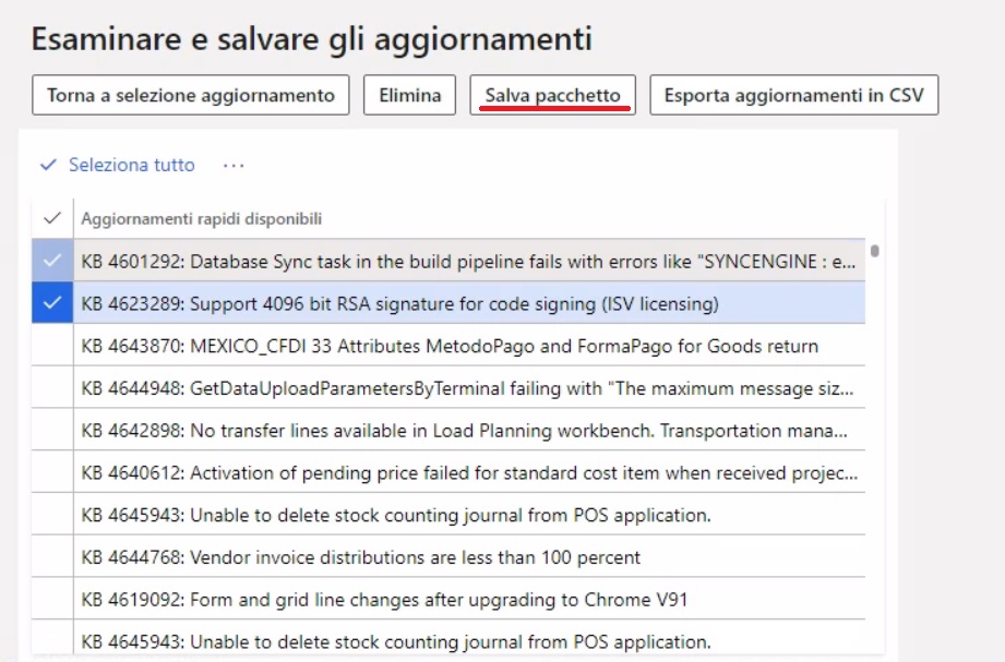 Screenshot di un esempio della pagina Esaminare e salvare gli aggiornamenti