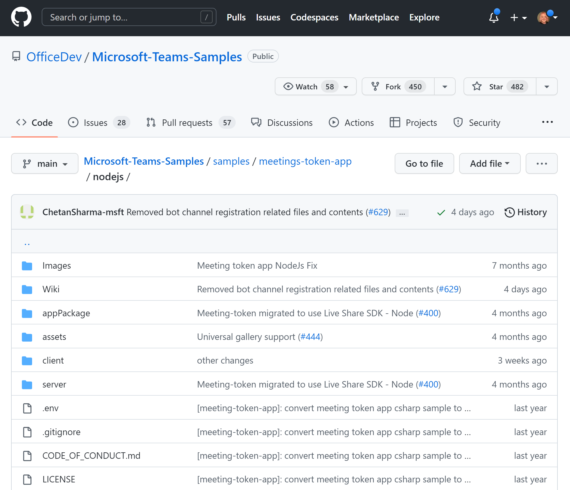 Screenshot del repository di codice GitHub per l'applicazione token riunioni per Teams