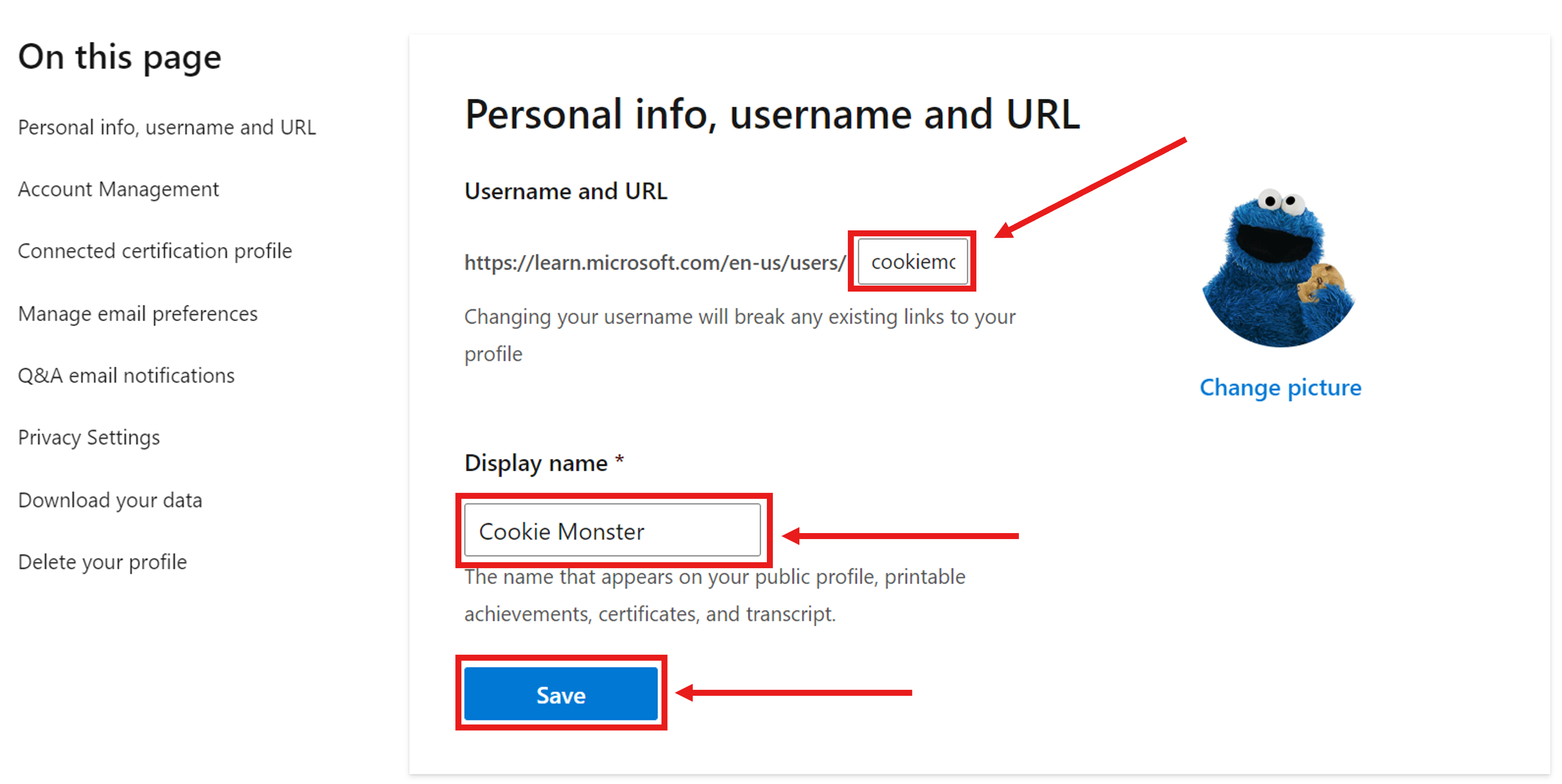 Screenshot della sezione Informazioni personali, nome utente e URL nelle impostazioni del profilo di Microsoft Learn.