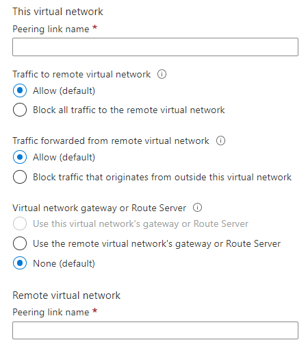 Screenshot della pagina di configurazione del peering di reti virtuali.