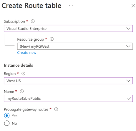 Screenshot del pannello Crea tabella di route nel portale di Azure.