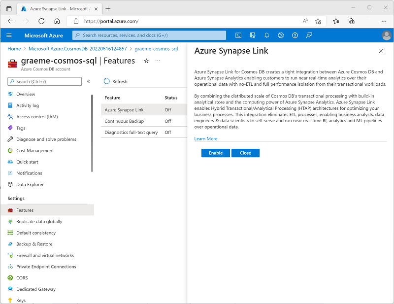 A screenshot showing the option to enable Azure Synapse Link for a Cosmos DB for NoSQL account.