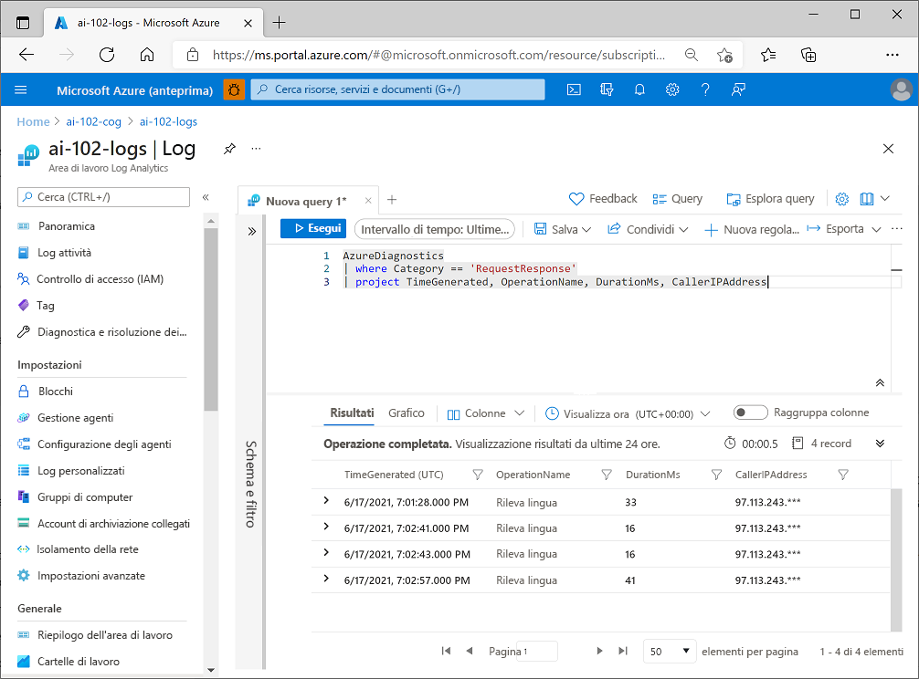 A screenshot of an Azure log Analytics query returning diagnostic data logged for an Azure AI services resource.