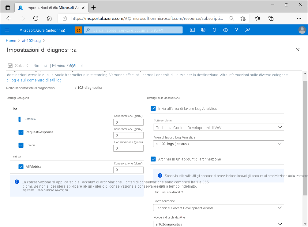 A screenshot of diagnostic settings for an Azure AI services resource.