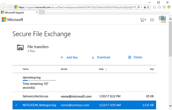 Screenshot che mostra un esempio della pagina Secure File Exchange.