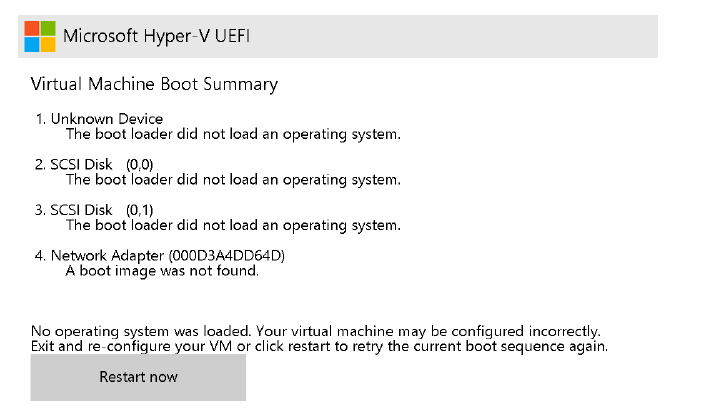 Screenshot del messaggio di errore hyper-V per l'immagine di avvio UEFI mancante.