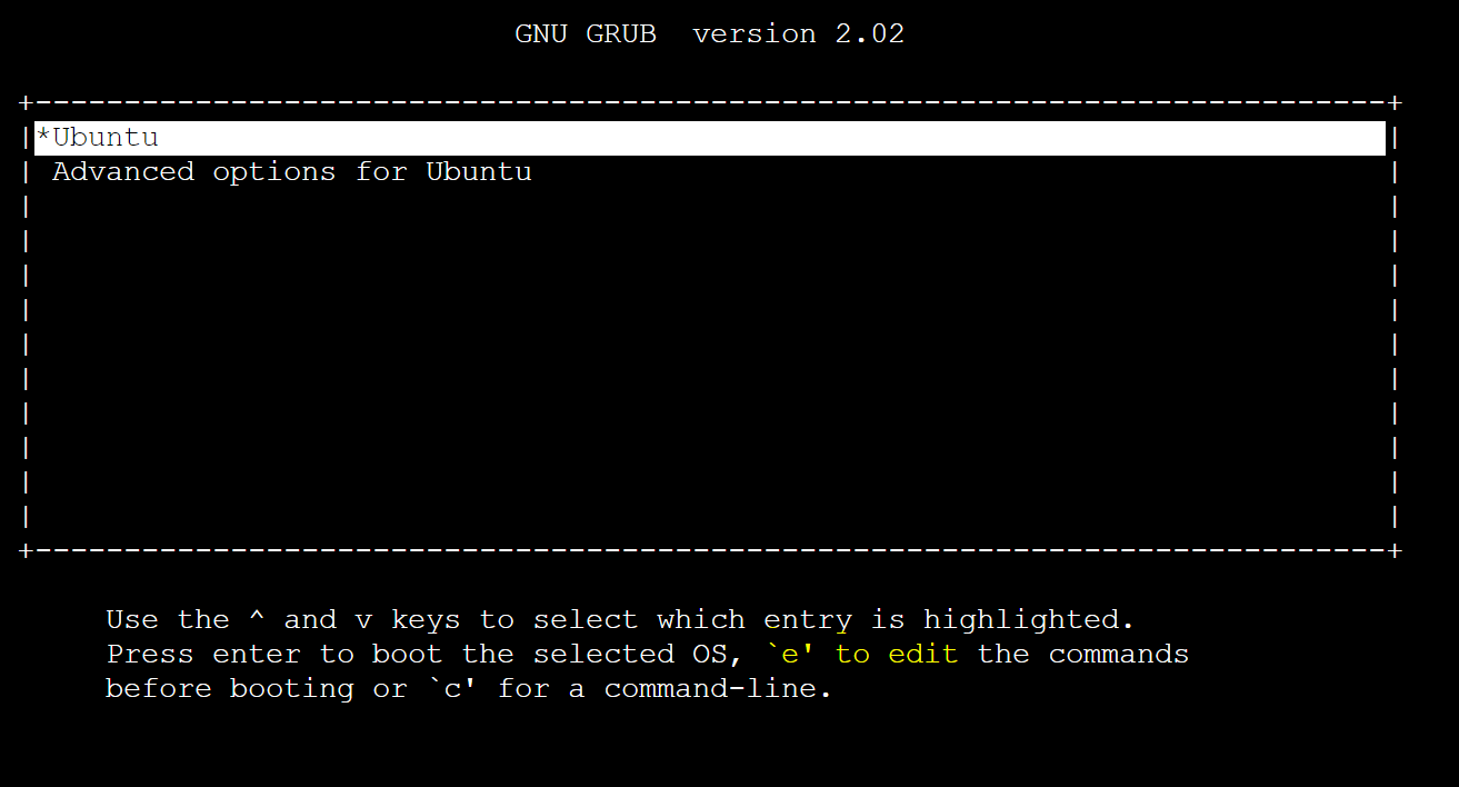 Screenshot della voce *Ubuntu nell'avvio della schermata del sistema operativo selezionata in GRUB.